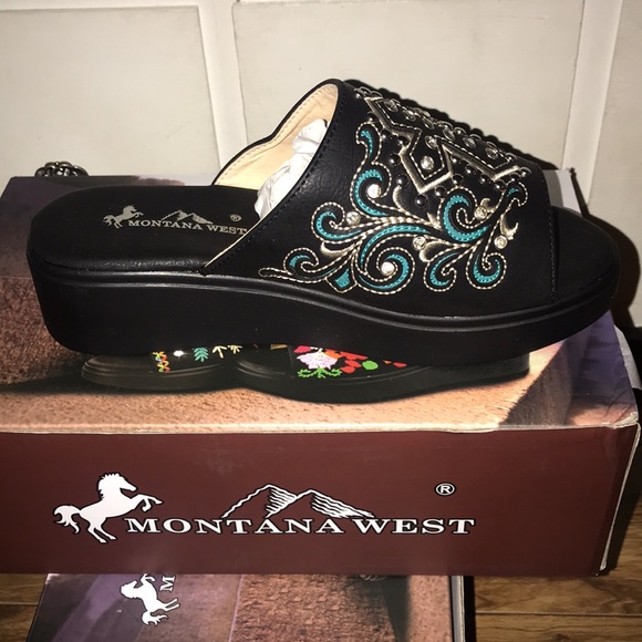 Montana West- studded cross black/turquoise platform wedge slip-on mule-NWT - Picture 5 of 11